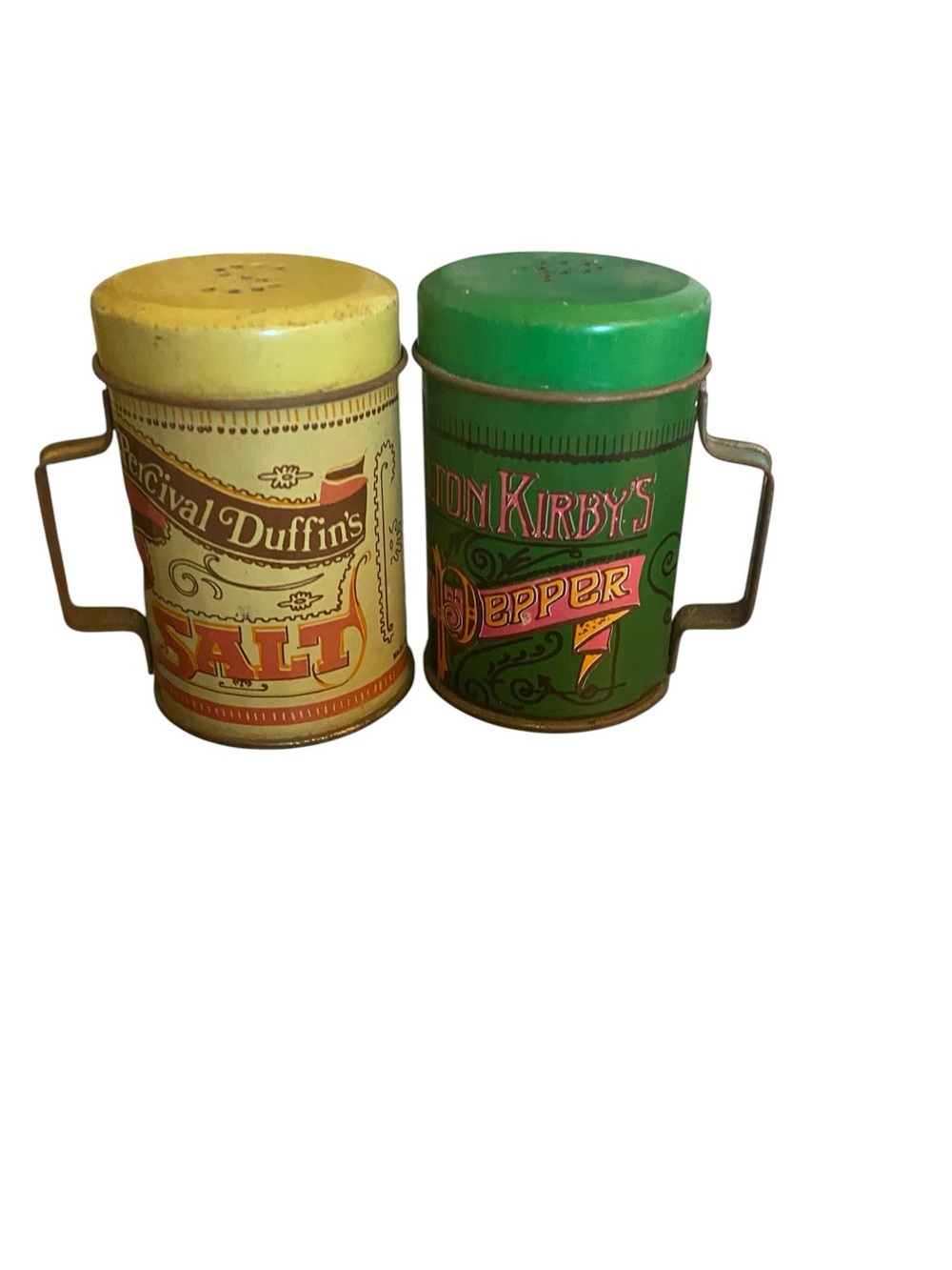 Vintage 60s Percival Duffin's Salt Elton Kirby's Pepper Tin shakers Farmhouse